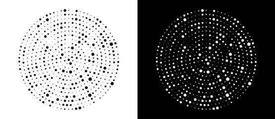 Poster - Modern abstract background. Halftone dots in circle form. Round logo, design element or icon. Vector dotted frame. A black figure on a white background and an equally white figure on the black side.