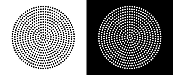 Fototapete - Modern abstract background. Halftone dots in circle form. Round logo, design element or icon. Vector dotted frame. A black figure on a white background and an equally white figure on the black side.