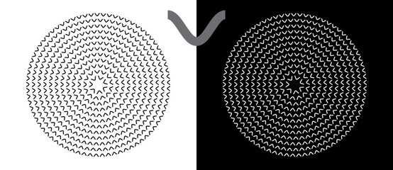 Poster - Modern abstract background. Waves in circle form. Round logo. Design element or icon. Black shape on a white background and the same white shape on the black side.