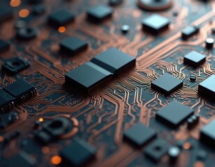Fototapete - Abstract frottage illustration circuit boards, computer components. Futuristic digital tech design, microchips, processors, motherboard, processors, silicon. Technology, engineering, innovation,