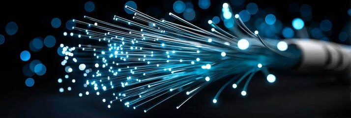 A blue tech background adorned with luminous particles and vertical bar lines yields a sophisticated and dynamic design, ideal for data analysis applications