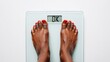 © olgakris - Woman standing on digital bathroom scale with OK message on display indoors, weight control, fitness and health concept, healthy lifestyle, self care and body positivity