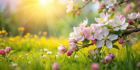 Wall Mural - Crab apple flowers in a sunny field with delicate petals and vibrant green leaves