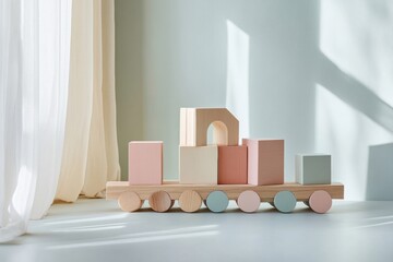 Leinwandbilder - Cozy wooden train with pastel cubes on the floor, minimal movement for a serene environment in a bright, sunlit room