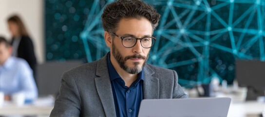 A business woman utilizes AI technology for analyzing data, coding computer language with a digital brain, and applying machine learning on a virtual screen for business intelligence