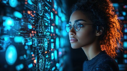 Woman analyzing futuristic data wall, night, technology, innovation