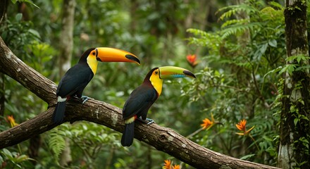 toucan tropical bird sitting on a tree branch in natural wildlife environment in rainforest jungle
