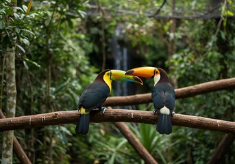 toucan tropical bird sitting on a tree branch in natural wildlife environment in rainforest jungle
