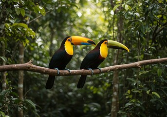 Toucan tropical bird sitting on a tree branch in natural wildlife environment in rainforest jungle