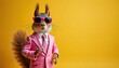 © miss irine - Stylish squirrel with glasses and tie wears fashionable pink suit posing on yellow background. Concept of success, fashion trends. Funny, cool, hipster animal illustration. Great for design, print.