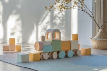 Poster - Cozy wooden train constructed from pastel blocks sits on a minimalistic floor in soft natural light during a calm afternoon
