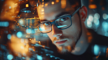 A focused man with glasses looking intently at a screen with digital code and glowing bokeh lights