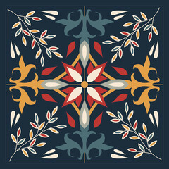 Wall Mural - Blue tile pattern with plants. Botanical elegant trendy print. Vintage design for fabric, wallpaper or wrapping paper.