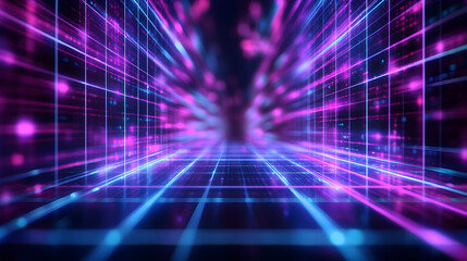 Wall Mural - wireframe grid with bright neon accents and a 3d depth effect
