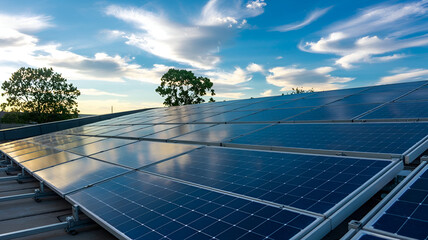 Solar Panel Array Under Blue Sky