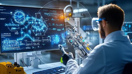Engineering Precision: A focused scientist in a state-of-the-art lab manipulates a robotic arm using a computer interface, demonstrating technological advancements and futuristic research.