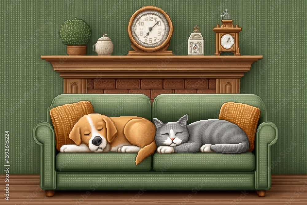 Pixel art scene of a dog and cat sleeping on an 8-bit couch beside a ...