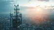 © Jbgoals - A telecommunication tower with 6G cellular network antenna on city background,  Generative AI illustrations.