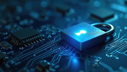 Fototapete - Electronic circuit board with illuminated lock. Cyber security, data protection, business privacy concept. Digital safety, secure network, data encryption. Technology innovation, internet privacy,