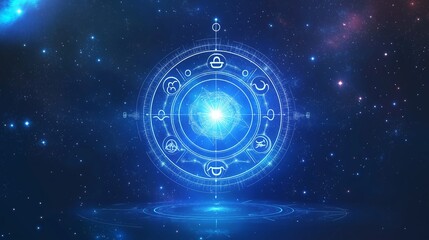Wall Mural - Colorful cosmic symbol with glowing outlines on dark background, astrological and celestial themes