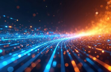 Fototapete - Futuristic digital illustration featuring blue, orange neon high-speed technology concept. Dynamic motion graphics, abstract background of cyberspace connectivity. Modern tech interface, web design,