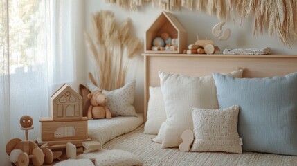 Poster - Cozy pastel nursery corner showcasing wooden toys and soft pillows in serene design style