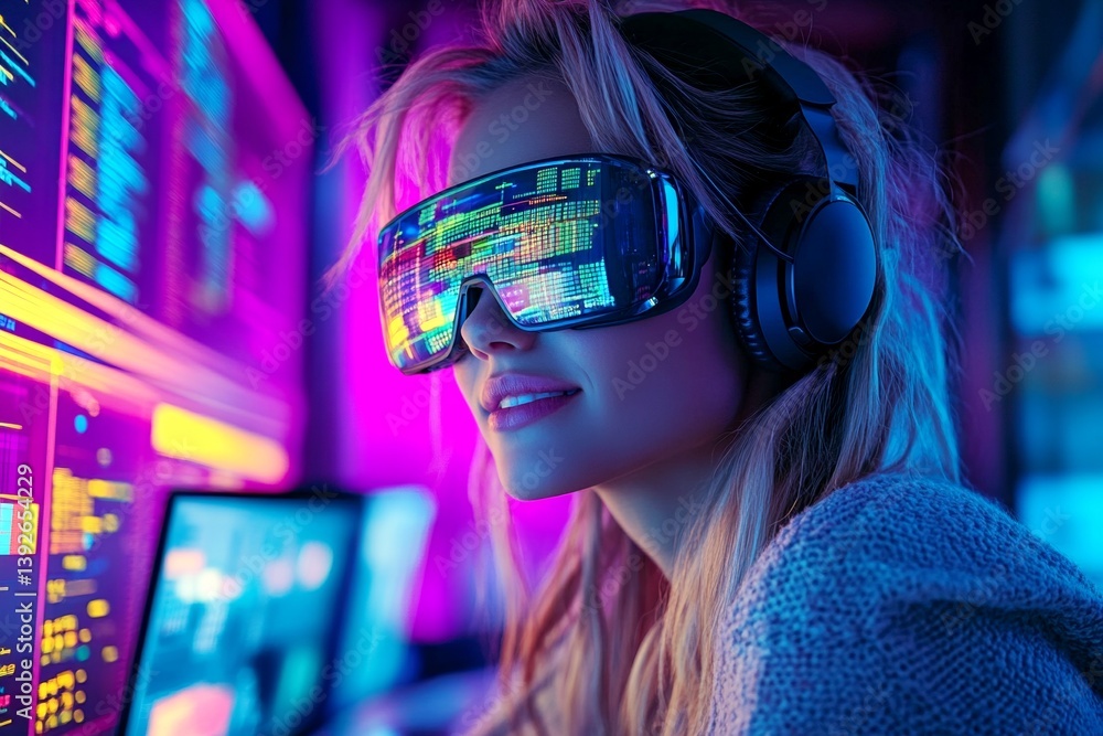 Graphs and computer text reflections in her glasses. Background is a ...