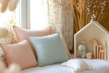 Poster - Cozy pastel nursery corner featuring soft pillows and wooden toys in a warm, inviting space designed by Lapki Studio