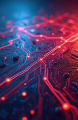 Fototapete - Abstract image circuit board glowing red blue lights. Digital tech design background. Modern tech illustration, data transfer concept. Cyberspace network, information, high technology, innovative