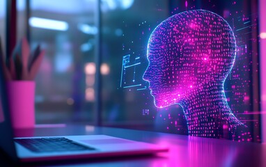 office desktop closeup with a laptop, glowing ai hologram, and binary code on a blurred background, 