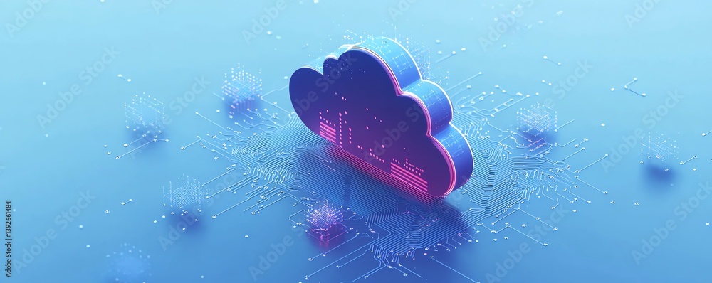 Blue cloud computing icon with a detailed circuit design, set on a ...