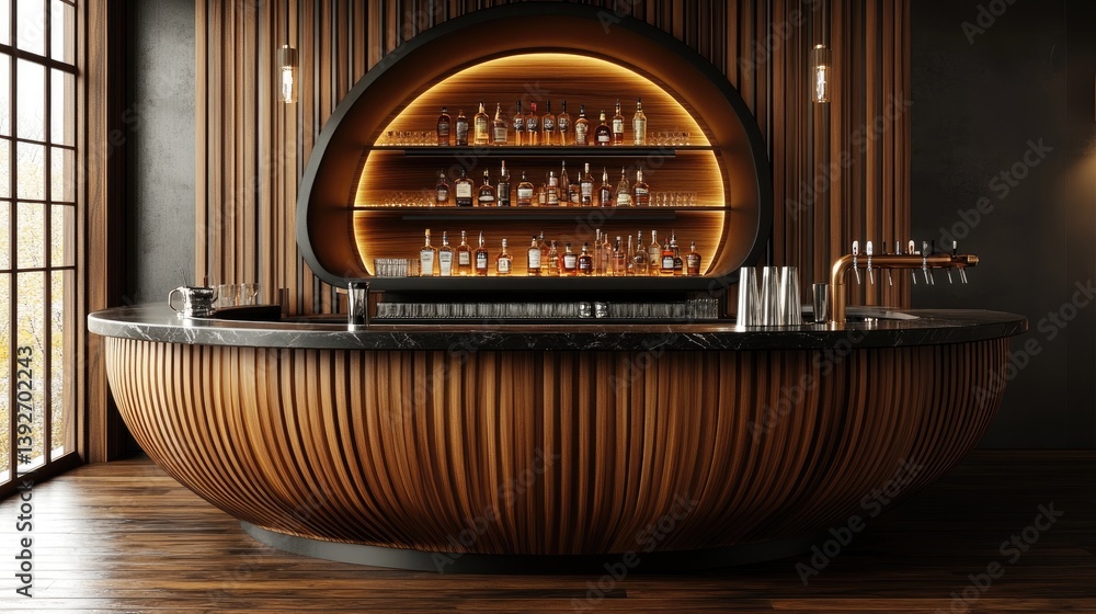 Modern, elegant bar with a curved wooden design. A circular bar with ...