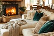 © prophoto - Cozy living room with a fireplace, sectional sofa, and warm neutral tones creating a relaxing atmosphere.