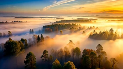 Poster - Golden Sunrise Over a Misty Forest A Breathtaking Aerial View