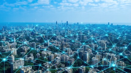 Leinwandbilder - Abstract futuristic smart city concept with glowing digital network connections over blue metropolis skyline, top view of interconnected urban infrastructure with data transfer visualization. Technolo
