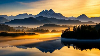 Aufkleber - Golden Sunrise Over Misty Mountain Lake Reflecting Majestic Peaks