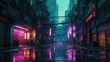 © Elena - Unusual post-apocalyptic landscape in bright neon tones: a ruined world, futuristic lights, chemical fog, and a mysterious atmosphere.