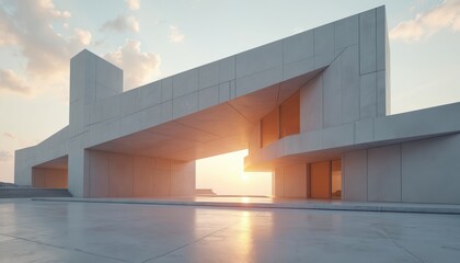 Aufkleber - Futuristic architectural illustration features abstract structure, building, concrete elements. Exterior design with minimal style, empty floor, bright sky. Contemporary construction, modern design,