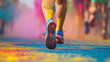 © Zanna - Dynamic close-up of a runner’s legs during a color run, surrounded by vibrant Holi powder. Perfect for themes of sports, celebration, energy, and festival promotions