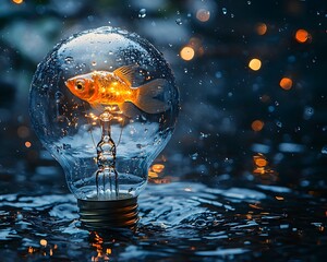 Wall Mural - a lightbulb filled with water contains a glowing fish symbolizing the intersection of creativity and