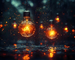 Wall Mural - surreal storm of glowing lightning inspired light bulbs