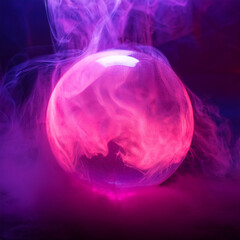 Wall Mural - abstract round magical energy sphere. glowing electric ball in neon pink purple clouds of smoke