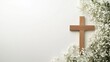 © Mitchell - Beautiful easter background with wooden cross and white gypsophila flowers for easter celebration