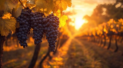 Fototapete - Lush vineyard at sunset with ripe grapes hanging, golden light illuminating rows