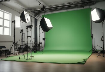 Wall Mural - immaculate green airy setup bright space studio film screen professional light background editing interior business building cinematography technology seamless multimedia directing lighting