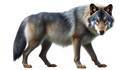 Fototapete - A gray Dire  wolf standing isolated on a white background looking directly at the viewer with yellow eyes