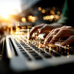 Leinwandbilder - Fingers on Keyboard with City Lights Overlay: Conceptual Technology Visual Depicting High-Speed Data and Connectivity
