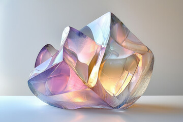 Poster - Abstract glass sculpture with iridescent colors, featuring soft lines and light interplay, placed on a white surface.