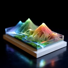 Poster - Abstract Topographic Model: A Vibrant Landscape of Contours and Light on a Wooden Base