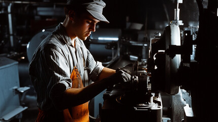 Poster - Factory worker operates machinery with focus and precision Generative AI